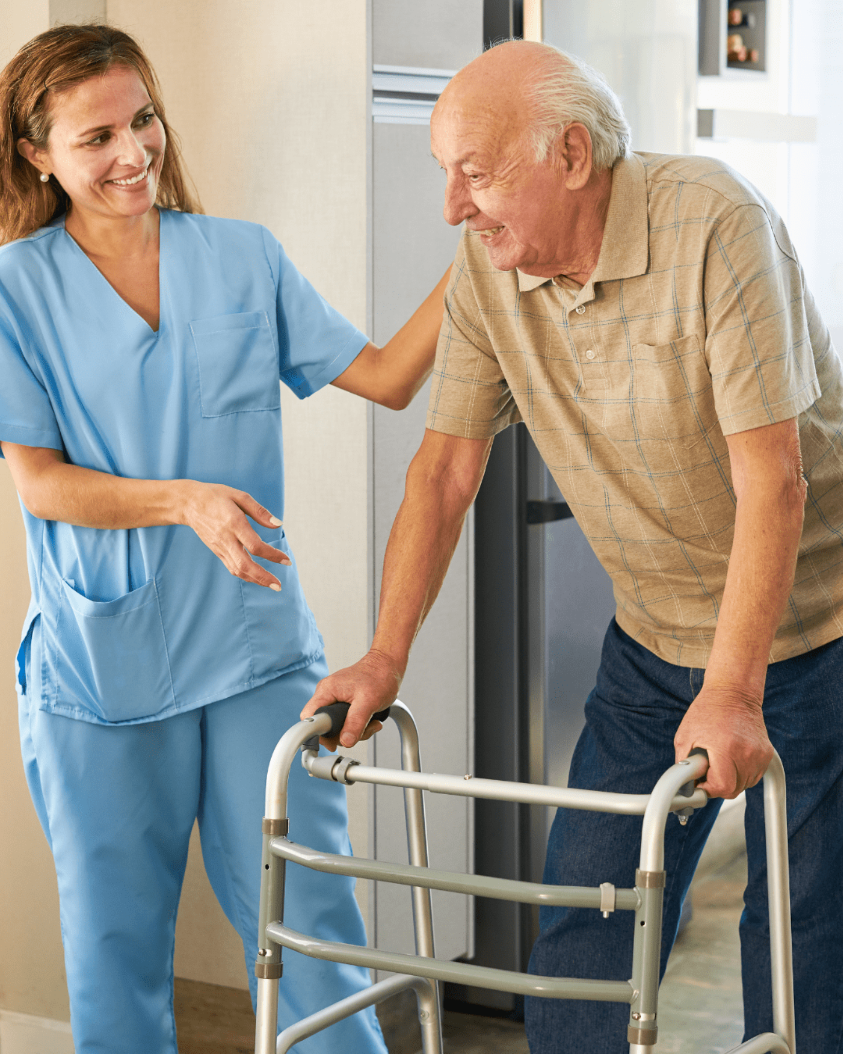 Support worker helping with walker